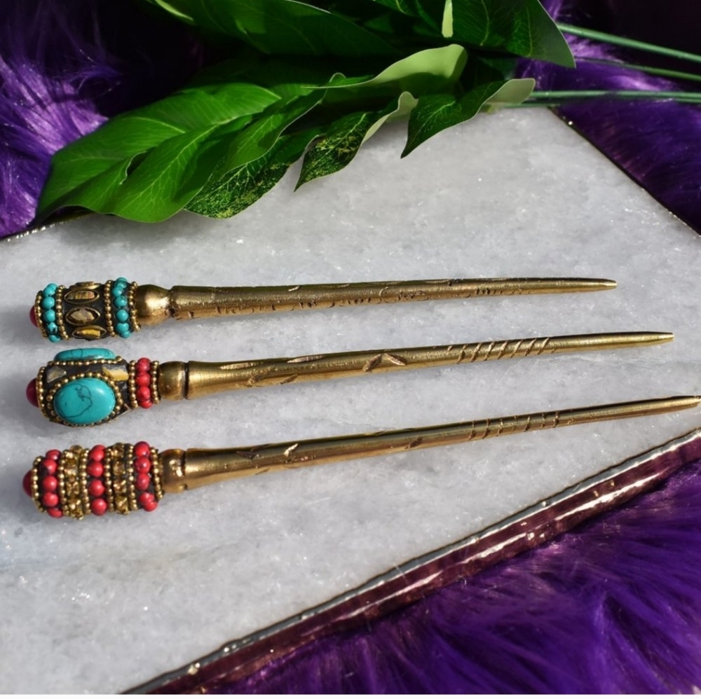 Brass, Coral & Turquoise Seed & Glass Beaded Hair Pin